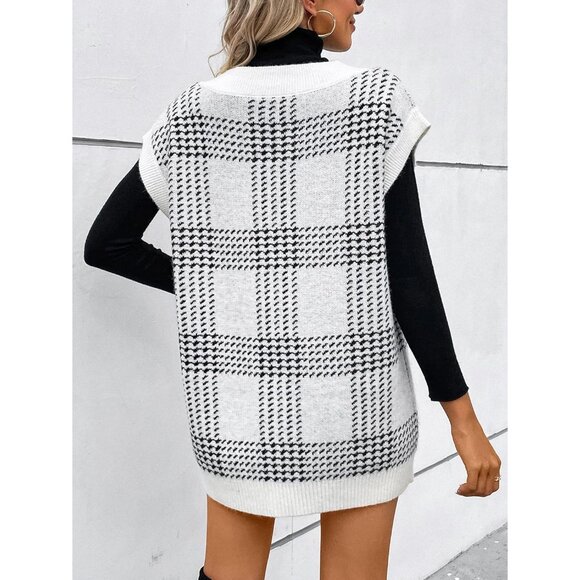 Women's V Neck Sleeveless Sweater Vest Plaid Cable Knit Fall Top Medium - Picture 2 of 5